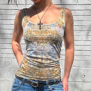 Y2K Rhinestone Abstract Print Indie Sleaze Fitted Tank Top S